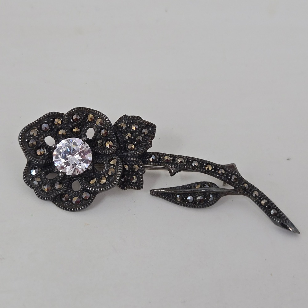 Judith Jack Sterling Silver Marcasite Flower Brooch Pin Cubic Zirconia Rose JJ
